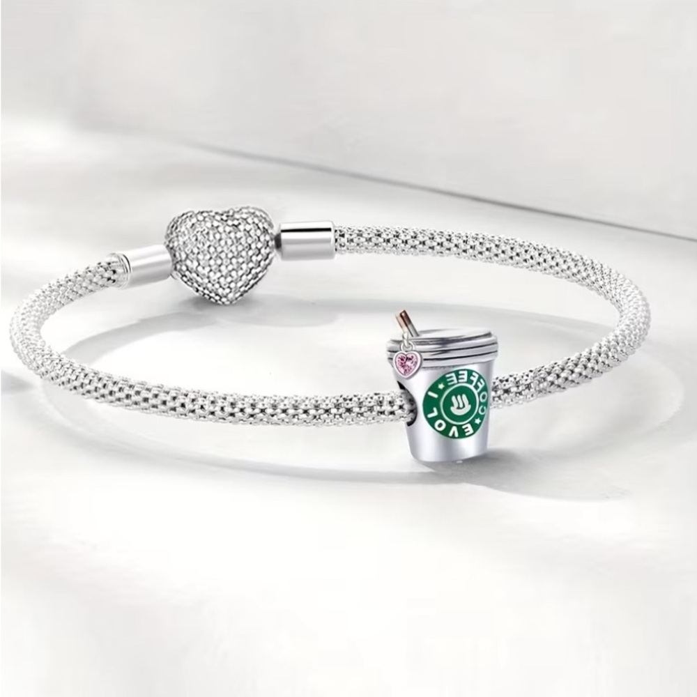 Sterling Silver Coffee Cup Charm with Straw & Pink Heart - Picture 4 of 7